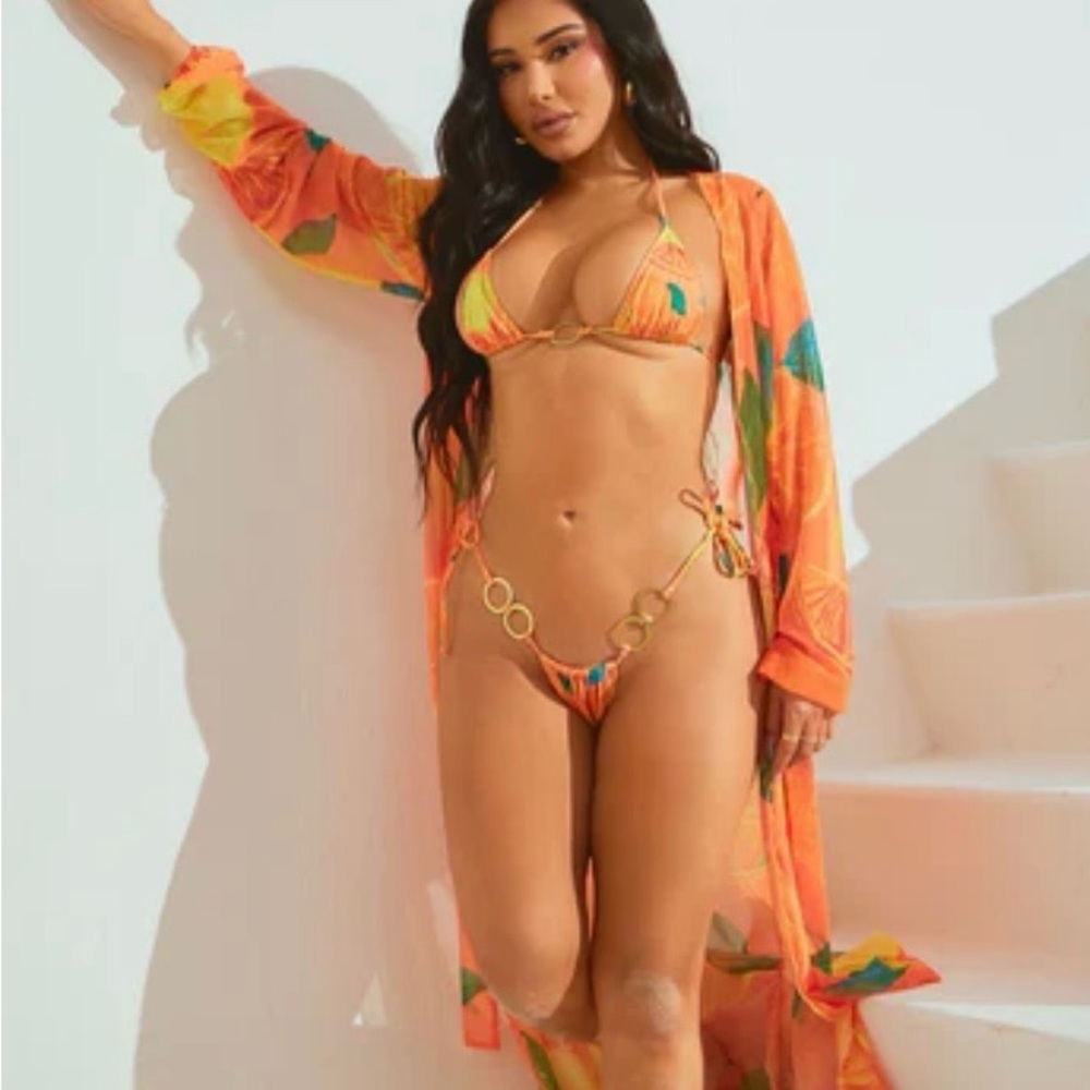Fashion Nova Orange Tropical Ring-Detail Triangle Bikini with Matching Cover-Up